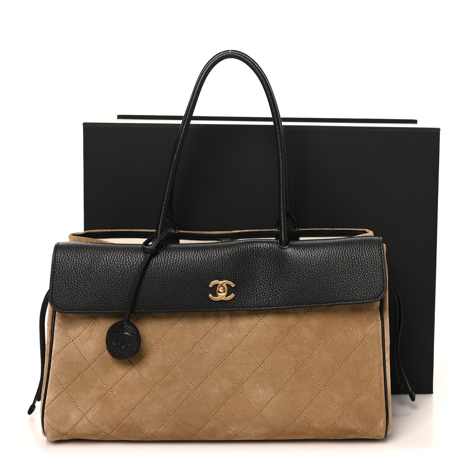 Grained Calfskin Suede Urban Essentials Large Shopping Bag Dark Beige Black