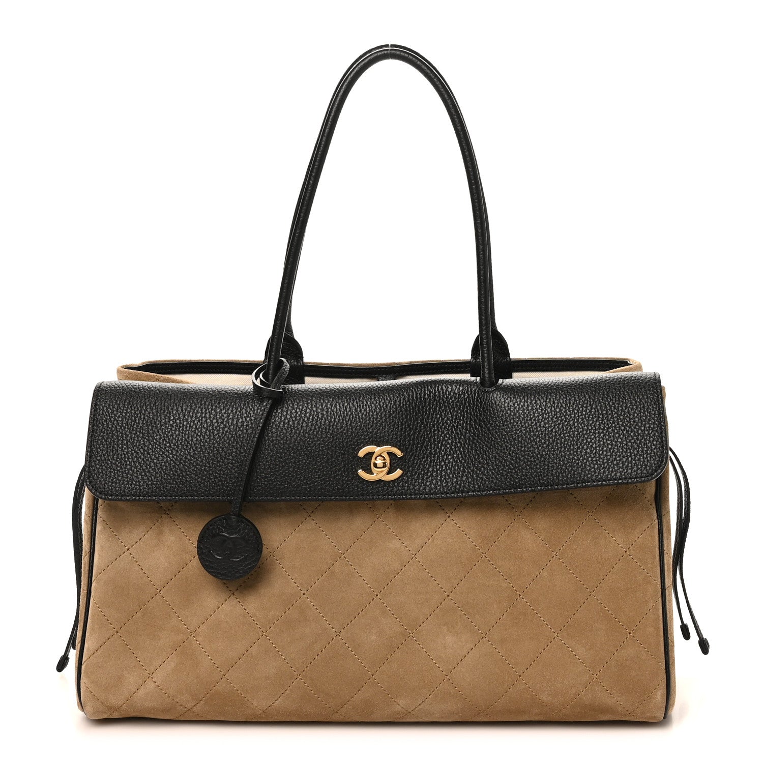 Grained Calfskin Suede Urban Essentials Large Shopping Bag Dark Beige Black