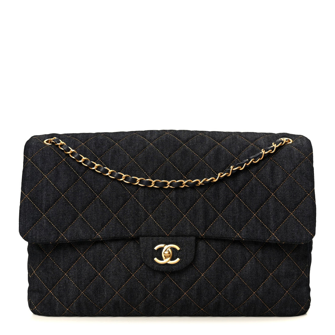 Denim Quilted XXL Travel Flap Bag Dark Blue Orange