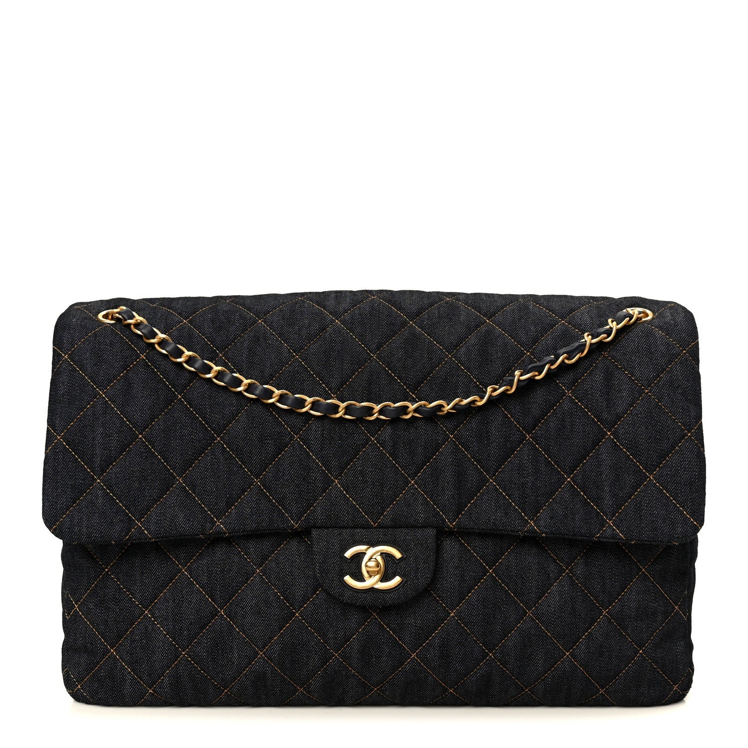 Denim Quilted XXL Travel Flap Bag Dark Blue Orange