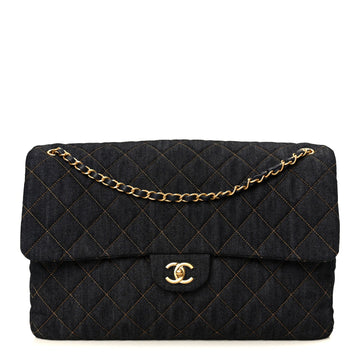 Denim Quilted XXL Travel Flap Bag Dark Blue Orange