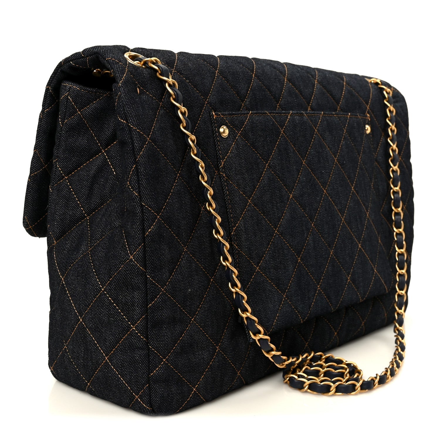 Denim Quilted XXL Travel Flap Bag Dark Blue Orange