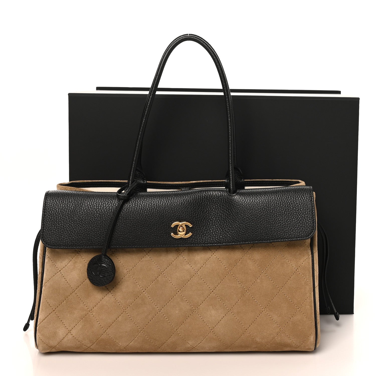 Grained Calfskin Suede Urban Essentials Large Shopping Bag Dark Beige Black